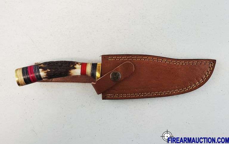 Damascus Steel Knife W/Custom Handle & Leather Sheath