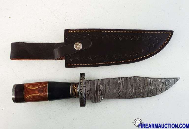 Damascus Steel Knife W/Custom Handle & Leather Sheath