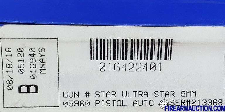 Star Firearms Ultra Star Pistol - 9 MM X 19 - SN:  2133684