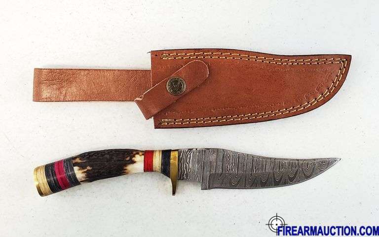 Damascus Steel Knife W/Custom Handle & Leather Sheath