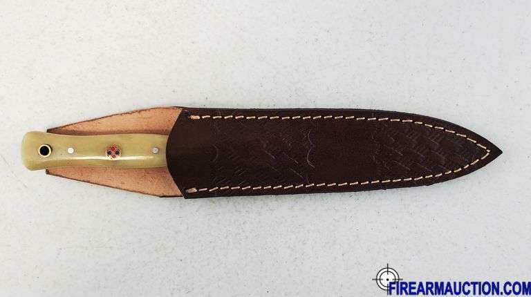 Damascus Steel Knife W/Custom Handle & Leather Sheath