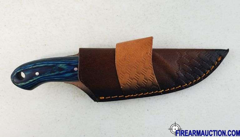 Damascus Steel Knife W/Custom Handle & Leather Sheath
