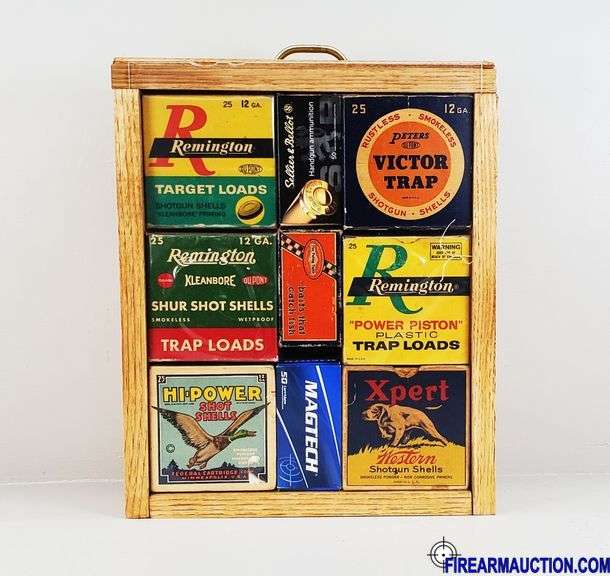 Wooden Shotgun Shell Box Display W/Assorted Vintage Boxes - 12"W X 6"D X 14.5"H