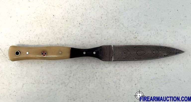 Damascus Steel Knife W/Custom Handle & Leather Sheath