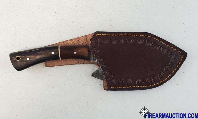 Damascus Steel Knife W/Custom Handle & Leather Sheath