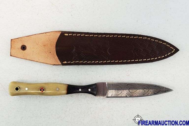 Damascus Steel Knife W/Custom Handle & Leather Sheath