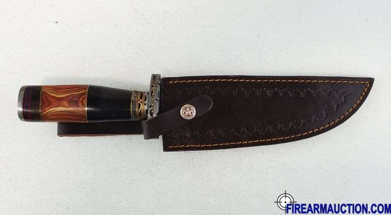 Damascus Steel Knife W/Custom Handle & Leather Sheath