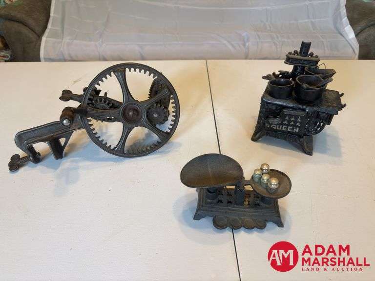 Vintage Cast Iron Balance & Scals, Vintage Cast Iron Wood Stove with Cookware, Cast Iron Vintage Apple Peeler
