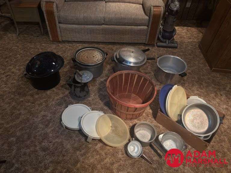 Old Canners, Basket, Tupperware and Cowboy Coffee Pot