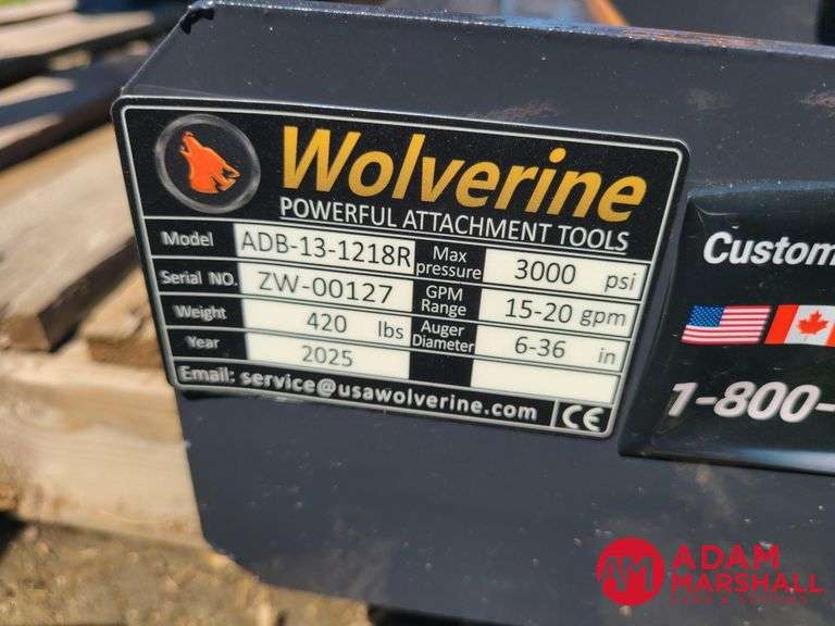 Unused Wolverine Hydraulic Auger w/ 12" & 18" Bits for Skid Steer