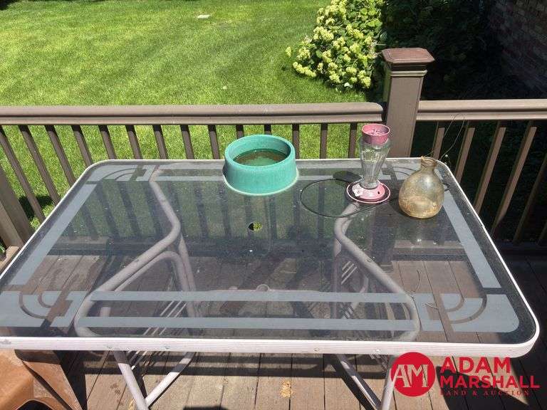 Glass Top Outdoor Table, 2 Plastic Chairs & Misc.