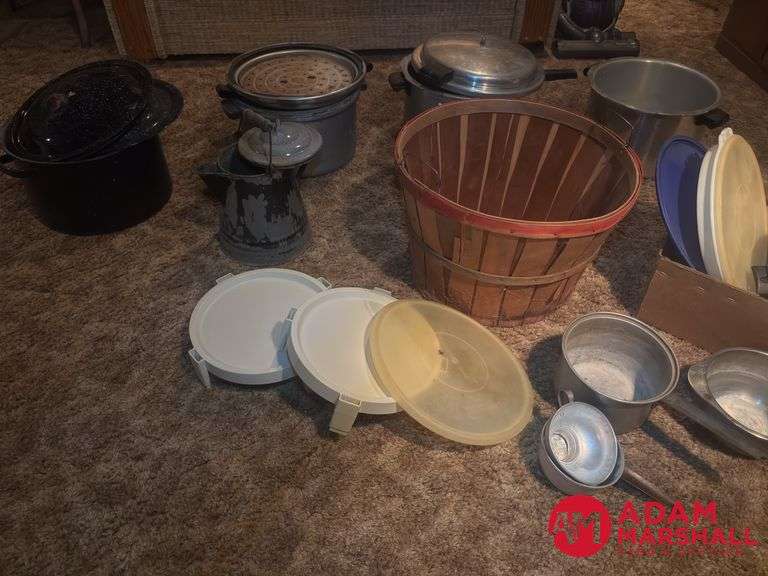 Old Canners, Basket, Tupperware and Cowboy Coffee Pot