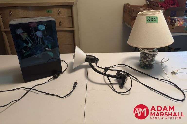 Adjustable Desk Lamp, Lamp filled with Buttons & Fiber Optic Flower Display Case