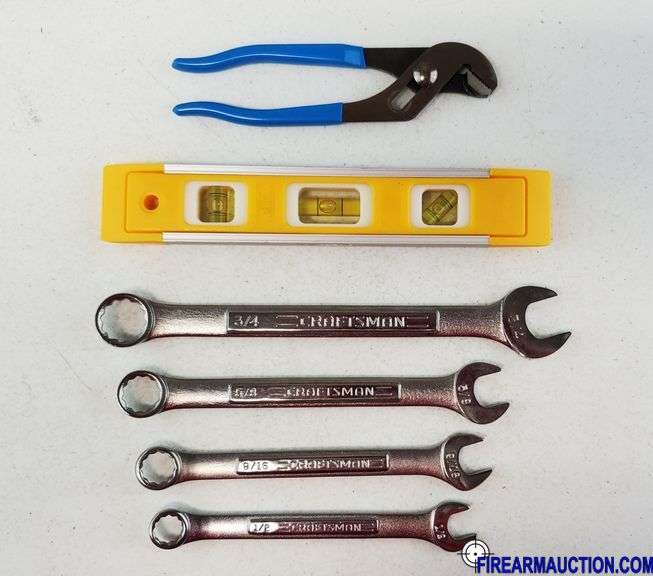 Assorted Tools - (1) Channel Lock, (4) Craftsman SAE Combination Wrenches - 9/16, ½,5/8, ¾ & (1) Level