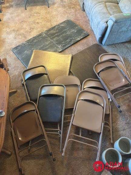 2 Card Tables , 1 Metal 5’ Table & 8 Metal Folding Chairs