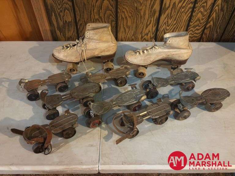 One Set of Shoe Roller Skates and  8 Strap On Skates