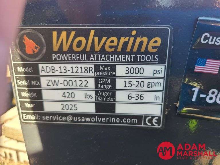 Unused Wolverine Hydraulic Auger w/ 12" & 18" Bits for Skid Steer