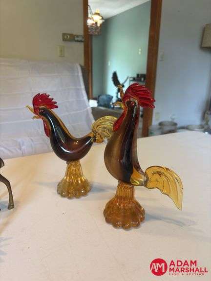 Glass Roosters, Metal Deer & Horse