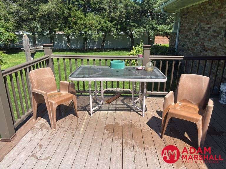 Glass Top Outdoor Table, 2 Plastic Chairs & Misc.