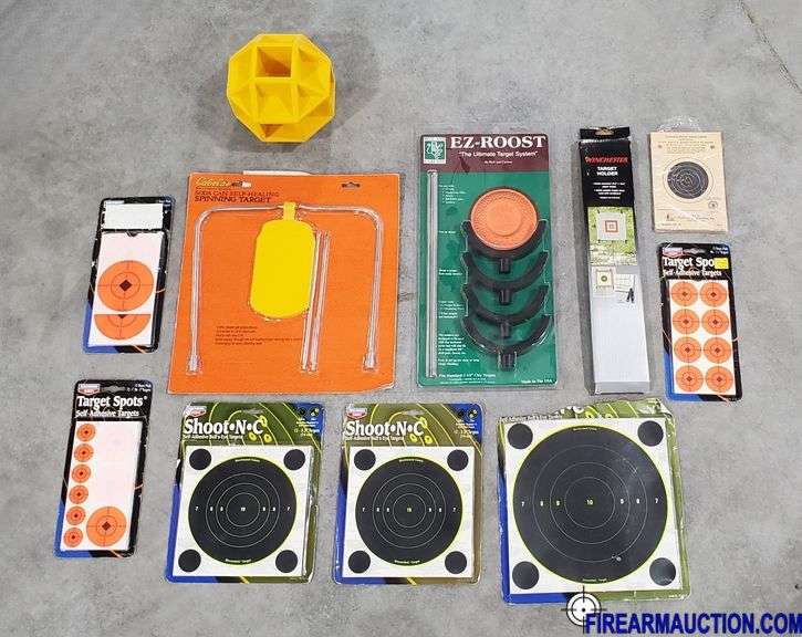 Assorted Shooting Targets, Holders, Hand Held Clay Target Thrower, & Self Healing Target Sphere
