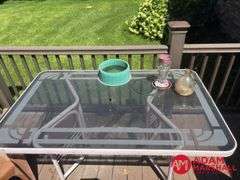 Glass Top Outdoor Table, 2 Plastic Chairs & Misc.