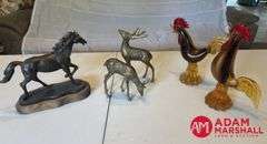 Glass Roosters, Metal Deer & Horse