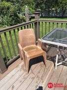 Glass Top Outdoor Table, 2 Plastic Chairs & Misc.