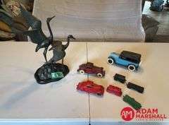Some Cast Iron Toys & Crane Sculpture