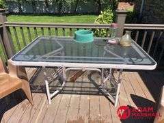 Glass Top Outdoor Table, 2 Plastic Chairs & Misc.