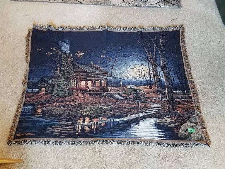 Terry Redlin Woven Tapestry Throw Blanket with Cabin Scene