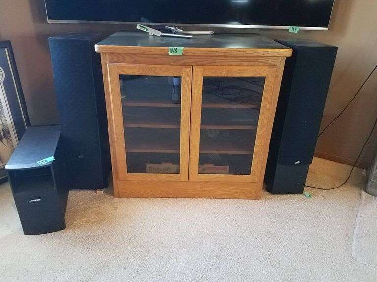 Onkyo Receiver, Samsung Blu-Ray Player, Bose and PSB Speaker System with Media Cabinet