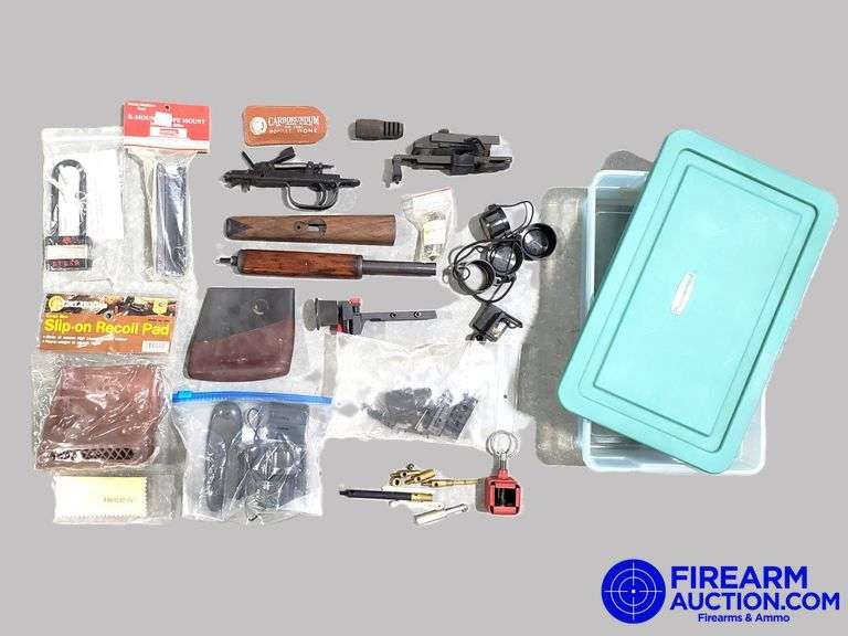 Assorted Firearm Accessories - Recoil Pads, Scope Mount, Firearm Parts, Pocket Hone, Etc - W/Tote