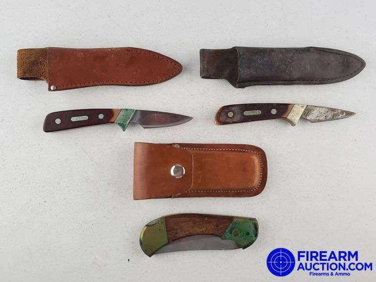 Assorted Knives W/Leather Sheaths - (2) Schrade (1) Mfg Pakistan