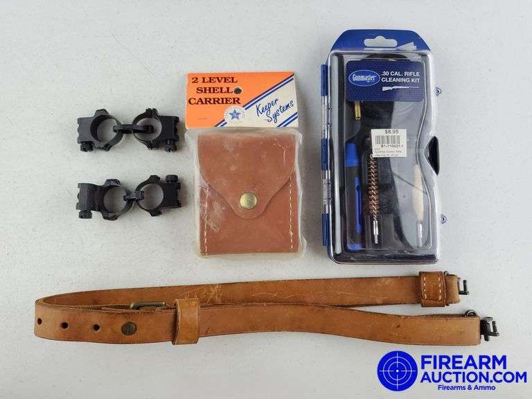 Assorted Firearm Accessories - Leather Sling, Scope Rings, Shell Carrier & 30 Cal Cleaning Kit