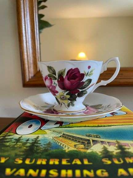Royal Albert Tea Cup, Books and Vase With Artificial Flowers