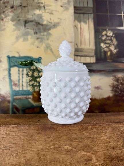 Fenton Hobnail Covered Jam/Jelly with Spoon