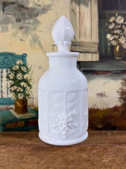 Westmoreland Milk Glass Paneled Grape Cologne/Perfume Bottle with Stopper