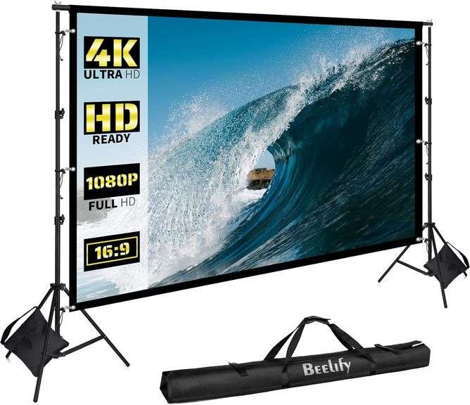BEELIFY Projector Screen with Stand  120 Inch Indoor Outdoor Portable Projection Screen  16:9 HD 4K