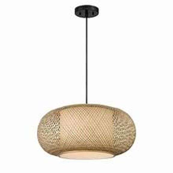 HAMPTON BAY Bayneswood 60-Watt 1 Light Natural Cane With Black Accents Hanging Basket Pendant