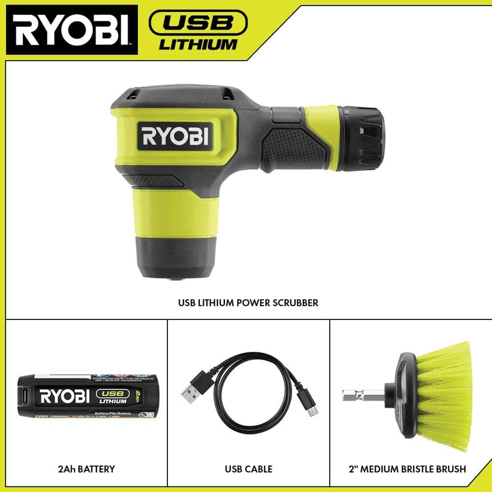 RYOBI USB Lithium Compact Scrubber Kit with 2.0 Ah Battery, USB  
