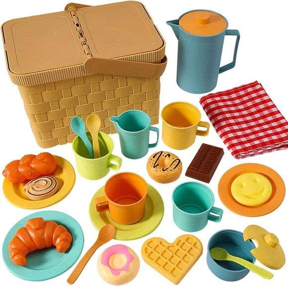HERSITY Picnic Basket Toys for Toddlers, Kids Play Tea Sets with Teapot