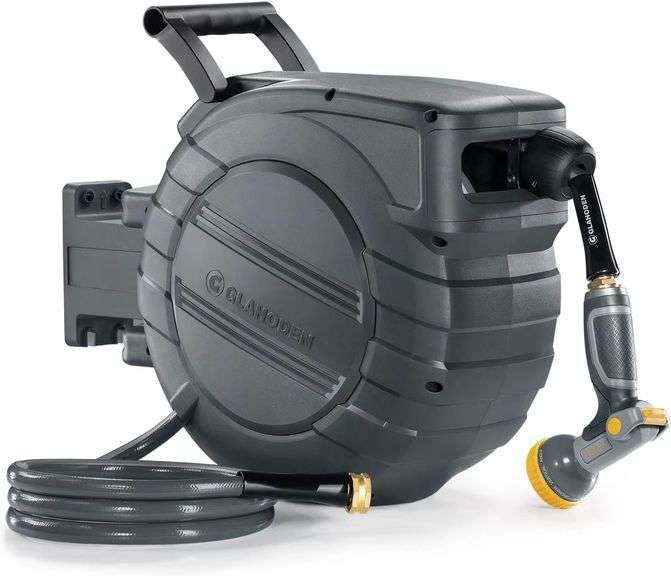 GLAHODEN Retractable Garden Hose Reel 1/2 in x 100 ft Upgraded UV Resistant Heavy Duty Automatic Hose Reel Wall Mount 3/4 in Brass Fitting 9 Pattern Nozzle Any Length Lock Slow Retraction 180 Swivel