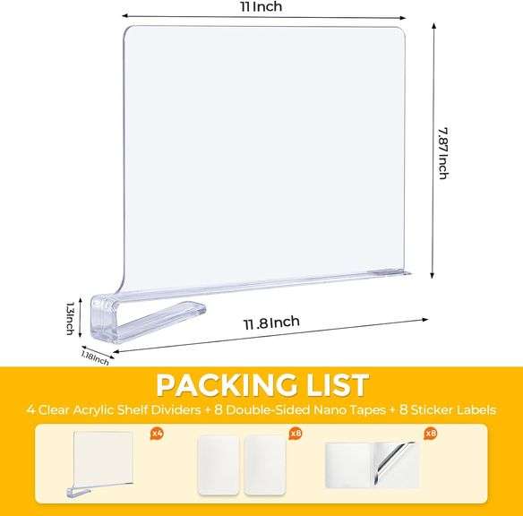 JOY DECOR 8 Pack Acrylic Clear Shelf Dividers for Closets Organizer and