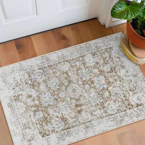 Lahome Vintage Floral Rugs for Entryway, 2x3 Washable Rug Non-Slip Soft Kitchen Rugs,Ultra-Thin Indoor Door Mat for Bathroom Distressed Throw Rug Carpet for Bedroom(2x3ft,Beige)