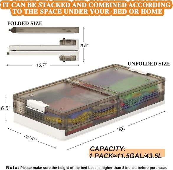 joibabe Under Bed Storage 2 Pack, Folding Plastic Storage Box with Lid