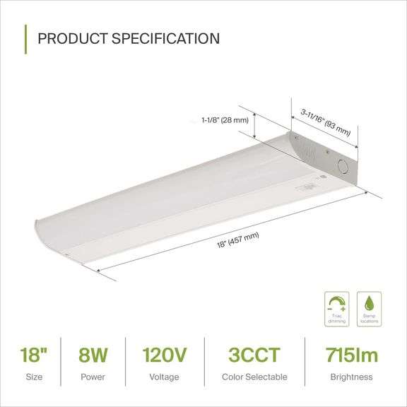 ASD LED Under Lighting, 18 inch 8W 715 LM, Dimmable Hardwired