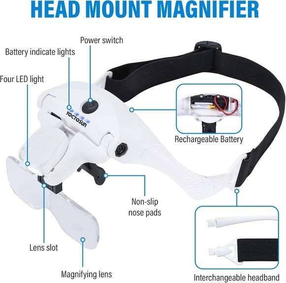 YOCTOSUN Magnifying Glasses with 4 LED Lights, Headband Magnifier with