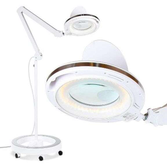 Brightech Lightview Pro 5 Diopter 2.25x Magnifier Adjustable Floor Lamp w/ Built In LED Light and 6 Wheel Rolling Base, White