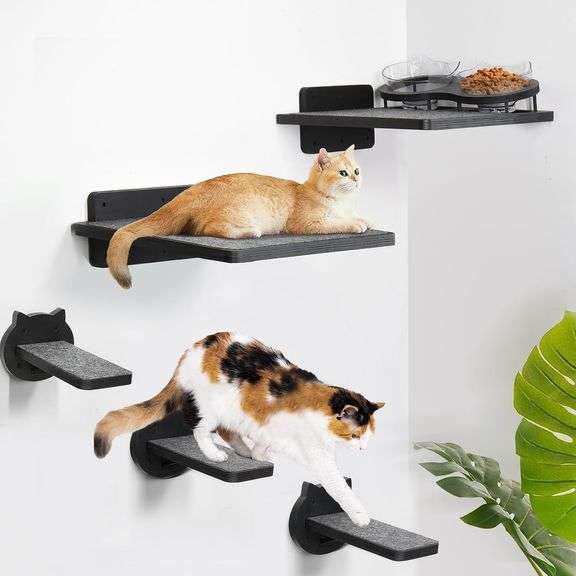 Cat Wall Shelves, Wood Cat Shelves for Wall with Cat Feeding Station