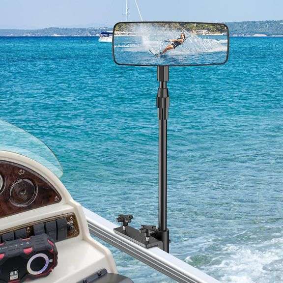 Upgraded Pontoon Boat Rear View Mirror With Telescopic Pole - Wide Angle Adjustable Marine Mirror For Ski Boats